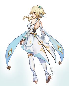 Rule 34 | 1girl, arm armor, back, bare shoulders, black gloves, blonde hair, boots, breasts, brown eyes, catifex, closed mouth, commentary, detached sleeves, dress, english commentary, feather hair ornament, feathers, fingerless gloves, flower, from behind, full body, genshin impact, gloves, gradient background, hair flower, hair ornament, highres, looking at viewer, looking back, lumine (genshin impact), medium breasts, short hair with long locks, simple background, solo, thigh boots, twitter username, white boots, white dress