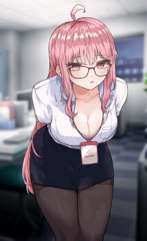 1girl :< absurdres ahoge arms_behind_back black_pantyhose black_skirt blurry blurry_background blush breasts checkered_floor cleavage collarbone commentary feet_out_of_frame glasses highres indoors lanyard leaning_forward long_hair looking_at_viewer medium_breasts miniskirt oddman1234 office office_lady open_collar original pantyhose pencil_skirt pink_hair red-framed_eyewear red_eyes shirt skirt solo straight_hair thighs very_long_hair white_shirt