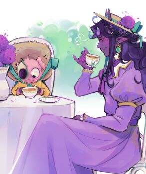 1boy 1girl allium_(flower) animal_ears black_hair black_skin child colored_skin commentary crossover cup dream_smp dress english_commentary eye_of_ender eye_socket flower furry furry_male hat hat_flower highres holding holding_cup horns in-franchise_crossover juliet_sleeves long_hair long_sleeves michael_the_piglin minecraft minecraft_youtube monster_girl origins_smp painstarrr pig_boy pig_ears puffy_sleeves purple_dress ranboo ranboo_(enderian) red_eyes sitting teacup vase wavy_hair zombie zombified_piglin