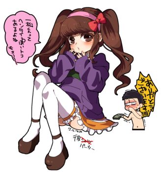 1boy 1girl black_hair blood blush brown_hair chibimi holding holding_money hood hoodie matsuno_ichimatsu money nosebleed osomatsu-san osomatsu_(series) platform_shoes purple_hoodie red_ribbon ribbon speech_bubble sweatdrop thighhighs trembling twintails white_background yeneny
