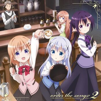 1boy 4girls :d :o age_difference album_cover angora_rabbit arm_up black_skirt blue_eyes blue_hair blue_vest bow bowtie brown_hair cafe child closed_eyes coffee coffee_pot copyright_name cover cup gochuumon_wa_usagi_desu_ka? hair_ornament hairclip highres holding hoto_cocoa hoto_mocha indoors kafuu_chino kafuu_takahiro long_hair long_sleeves looking_at_viewer menu multiple_girls official_art open_mouth orange_hair purple_bow purple_bowtie purple_eyes purple_hair purple_vest rabbit rabbit_house_uniform red_bow red_bowtie shirt short_hair skirt smile teacup teapot tedeza_rize tippy_(gochiusa) tray twintails vest waitress white_shirt wooden_floor x_hair_ornament