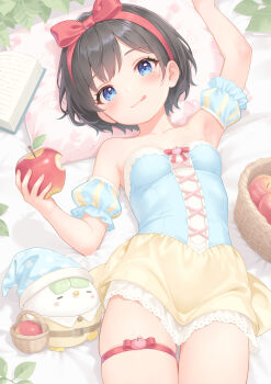 1girl :q apple arm_up armband armpits blue_shirt blush bow bow_hairband breasts closed_mouth collarbone commentary_request cowboy_shot creature food food_bite fruit hairband head_on_pillow highres holding holding_food holding_fruit looking_at_viewer lying miniskirt on_back original parted_bangs pillow rebun red_bow red_hairband shirt short_hair skirt small_breasts solo striped_armband striped_clothes thigh_strap tongue tongue_out very_short_hair yellow_skirt