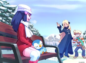 1boy 2girls ^_^ barry_(pokemon) beanie bench bird black_coat black_hair black_pants blonde_hair boots city clenched_hand closed_eyes coat coat_dress cynthia_(pokemon) dawn_(pokemon) dress full_body fur-trimmed_coat fur-trimmed_sleeves fur_collar fur_trim gen_4_pokemon green_scarf hair_ornament hair_over_one_eye hand_up hands_up hat high_heels highres jacket knee_boots long_hair long_sleeves michafrar mountain multiple_girls nintendo on_bench open_mouth outdoors pants pink_boots piplup pokemon pokemon_(creature) pokemon_dppt pokemon_platinum profile red_dress scarf short_dress short_hair sitting skyline smile snow_on_tree standing striped_clothes striped_jacket teeth thighhighs tree u_u upper_teeth_only waving white_hat white_scarf white_thighhighs winter_clothes wooden_bench