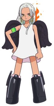 1girl black_wings dark-skinned_female dark_skin dress earrings full_body hand_on_own_hip jewelry lips looking_to_the_side official_art one_piece s-snake seraphim_(one_piece) smile star-shaped_pupils star_(symbol) symbol-shaped_pupils toei_company white_background white_dress white_hair wings yellow_eyes