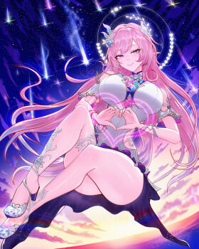1girl breasts commentary cyrene_(honkai:_star_rail) cyrene_(ripples_of_past_reverie)_(honkai:_star_rail) diamond-shaped_pupils diamond_(shape) dress flower hair_flower hair_ornament halo heart heart_hands high_heels highres honkai:_star_rail honkai_(series) large_breasts long_hair looking_at_viewer mcdobo night night_sky pink_hair pointy_ears purple_eyes shooting_star sky smile solo symbol-shaped_pupils thighs very_long_hair white_dress