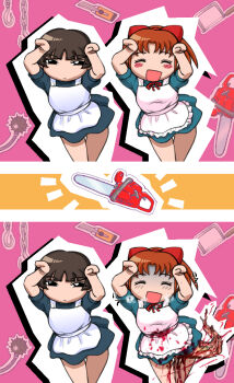 2girls :d apron ball_and_chain_(weapon) before_and_after blood blood_on_clothes blush blush_stickers breath brown_hair caramelldansen chainsaw character_cutout character_request chibi cowboy_shot dancing dress guro hook mai-chan_no_nichijou maid multiple_girls open_mouth original outline pink_background sequential short_dress short_sleeves simple_background smile sweat tagme thigh_gap ujiga_waita weapon
