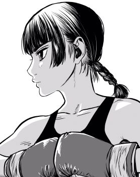 Rule 34 | 1girl, boxing gloves, braid, collarbone, commentary request, expressionless, greyscale, highres, lee (dragon garou), looking to the side, monochrome, original, portrait, single braid, solo, tank top