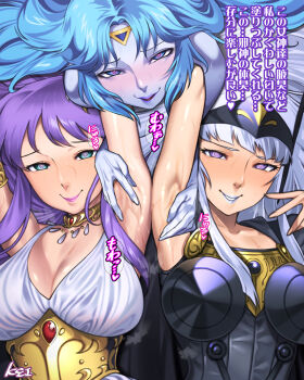 3girls @_@ armpits arms_up blue_eyes blue_hair blue_skin blush breasts cleavage colored_skin eris_(saint_seiya) female_focus hypnosis kei_(carpaccio) kido_saori lipstick long_hair looking_at_viewer makeup mind_control multiple_girls polaris_hilda purple_eyes purple_hair ring_eyes saint_seiya smell smile sweat translated white_hair