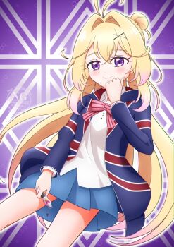 Rule 34 | 1girl, antenna hair, blonde hair, blush, commentary request, cosplay, cure arcana shadow, gradient hair, hair bun, hair intakes, hair ornament, highres, jacket, kin-iro mosaic, kujou karen, kujou karen (cosplay), long hair, looking at viewer, meitantei precure!, moegi high school uniform, moria luluka, multicolored hair, pleated skirt, precure, purple eyes, revaspa picture, school uniform, shirt, skirt, smile, solo, touyama nao, union jack, very long hair, voice actor connection, x hair ornament