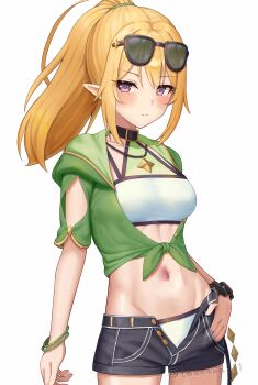 1girl bikini bikini_under_clothes black_choker black_scrunchie blonde_hair blush bracelet breasts chloe_(princess_connect!) chloe_(winter)_(princess_connect!) choker closed_mouth collarbone commentary_request cowboy_shot denim denim_shorts elf eyewear_on_head green_shirt groin hair_between_eyes hand_in_pocket highres jewelry long_hair looking_at_viewer medium_breasts midriff navel necklace official_alternate_costume open_clothes open_shorts pointy_ears ponytail princess_connect! purple_eyes px-tea scrunchie shirt short_shorts shorts sidelocks simple_background solo standing star_(symbol) star_necklace sunglasses swimsuit tied_shirt twitter_username white_background white_bikini wrist_scrunchie