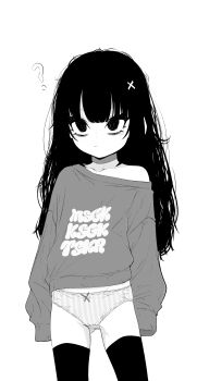 1girl ? absurdres arms_at_sides bow bow_panties center-flap_bangs closed_mouth clothes_writing collarbone commentary cowboy_shot crotch_seam dot_nose expressionless fallenshadow greyscale hair_ornament highres indie_virtual_youtuber loli long_hair long_sleeves looking_at_viewer monochrome no_pants off-shoulder_sweater off_shoulder panties pettan_(zeez4743) print_sweater sleeves_past_fingers sleeves_past_wrists solo standing straight_hair striped_clothes striped_panties sweater thighhighs underwear variant_set vertical-striped_clothes vertical-striped_panties virtual_youtuber wispy_bangs x_hair_ornament