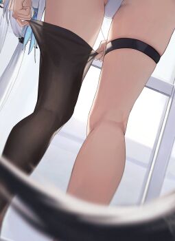 1girl commentary_request feet_out_of_frame fox_tail from_below highres hololive leg_focus legs panties satellite999 shirakami_fubuki single_thighhigh solo tail thick_thighs thigh_focus thigh_strap thighhighs thighs underwear virtual_youtuber white_panties window