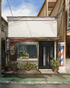 barber_pole barber_shop blue_sky day highres no_humans original outdoors pixel_art pixelianska plant potted_plant power_lines scenery sidewalk sky storefront