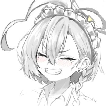 ahoge blue_archive blush braid commentary_request ear_piercing grin hair_between_eyes happy korean_commentary maid_headdress mole mole_under_eye neru_(blue_archive) piercing portrait rutax_xark simple_background single_braid sketch smile teeth upper_body white_background