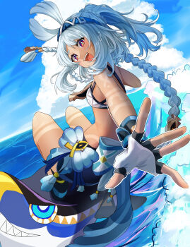 1girl :d blue_hairband blue_sky body_markings braid breasts cloud dark-skinned_female dark_skin fingerless_gloves full_body genshin_impact gloves hairband highres izumi_no_yasushi_aya looking_at_viewer mualani_(genshin_impact) ocean open_mouth red_eyes sky smile solo stomach surfing white_gloves