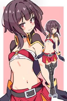 1girl adapted_costume belt black_gloves blush_stickers boots breasts brown_hair commentary frown gloves highres kono_subarashii_sekai_ni_shukufuku_wo! looking_at_viewer megumin navel noyama_takenoko o-ring o-ring_top outside_border pink_background red_eyes red_shorts short_shorts shorts simple_background small_breasts smile solo stomach strapless thigh_boots tube_top zoom_layer