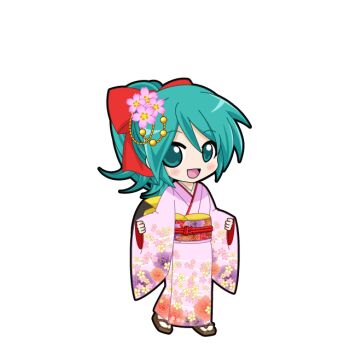 Rule 34 | 1girl, :d, aqua eyes, aqua hair, black outline, blush, bow, chibi, chibi only, floral print, flower, full body, game asset, hair between eyes, hair bow, hair flower, hair ornament, hair rings, hatsune miku, hatsune miku graphy collection, japanese clothes, kimono, long hair, long sleeves, looking at viewer, obi, obiage, obijime, open mouth, outline, pinching sleeves, pink kimono, red bow, sandals, sash, smile, solo, standing, tabi, transparent background, vocaloid, zouri