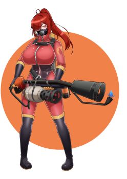 Rule 34 | 1girl, absurdres, ahoge, black boots, black gloves, bodysuit, boots, breasts, flamethrower, full body, gas mask, genderswap, genderswap (otf), gloves, hair over one eye, highres, holding, holding flamethrower, holding weapon, knee boots, large breasts, long hair, looking at viewer, mask, orange background, ponytail, pyro (tf2), red bodysuit, red eyes, red hair, red pyro (tf2), respirator, solo, standing, team fortress 2, transparent background, two-tone background, weapon, white background, ysui0000