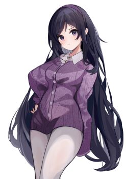 1girl absurdres black_eyes black_hair cardigan collared_shirt commentary_request commission etoria feet_out_of_frame grey_shirt hairband highres long_hair long_sleeves looking_at_viewer original pantyhose purple_cardigan purple_hairband shirt simple_background skeb_commission solo very_long_hair white_background white_pantyhose