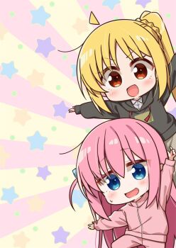 Rule 34 | 2girls, ahoge, arm up, black hoodie, blonde hair, blush, bocchi the rock!, chibi, chibi only, chika (06chimika13), commentary request, cube hair ornament, gotoh hitori, hair ornament, hood, hoodie, ijichi nijika, jacket, long hair, long sleeves, looking at viewer, multiple girls, open mouth, outstretched arms, pants, pink jacket, pink pants, pink track suit, red eyes, side ponytail, smile, track jacket, track pants, track suit