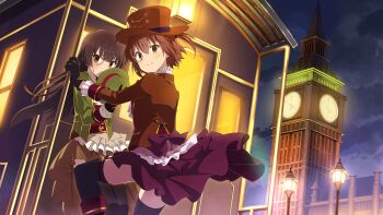 2girls black_gloves black_thighhighs blunt_bangs blush brown_eyes brown_hair brown_hat brown_jacket brown_skirt building clock clock_tower covering_own_mouth etou_kanami frilled_skirt frilled_sleeves frills game_cg gloves green_hat green_jacket hat high-low_skirt hime_cut jacket juujou_hiyori lamppost long_hair long_sleeves looking_at_viewer monocle multiple_girls night night_sky non-web_source official_art open_clothes open_jacket outdoors purple_skirt red_footwear short_hair skirt sky smile standing thigh_strap thighhighs toji_no_miko toji_no_miko:_kizamishi_issen_no_tomoshibi top_hat tower train v-shaped_eyebrows