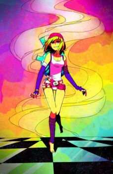 1girl backpack bag bandaged_arm bandages barefoot beanie belt blonde_hair bong breasts kneehighs cannabis_print celix1 charm_(object) checkered_floor cleavage colorful_background fingerless_gloves freckles_on_legs freckles_on_thighs gloves happy hat highres keys mid-stride neon_palette opera_gloves original pill_bottle red_eyes shirt short_hair small_breasts smile smoke smoke_trail solo_focus sunset tank_top thigh_gap thighs tiptoes utility_belt white_shirt