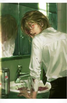 Rule 34 | 1boy, agzamx, androgynous, bathroom, black pants, blonde hair, blood, blood on clothes, blood on face, earrings, faucet, highres, hunter x hunter, injury, jewelry, kurapika, letterboxed, looking back, looking to the side, male focus, mirror, missing eye, pants, parted bangs, piercing, red eyes, shirt, shirt tucked in, sink, solo, standing, tile wall, tiles, white shirt