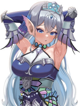 1girl arm_fins armpits arms_up bare_shoulders blue_dress blue_eyes blue_sleeves blush breasts commentary crossed_bangs detached_sleeves dress duel_monster fins fish_girl gem grey_hair hair_between_eyes head_fins highres kitkallos_(yu-gi-oh!) large_breasts lock long_hair looking_at_viewer munamuna parted_lips pearl_(gemstone) pointy_ears presenting_armpit sidelocks silver_tiara simple_background sleeves_past_wrists solo standing sweat tearlaments_kitkallos tiara upper_body very_long_hair white_background yu-gi-oh!