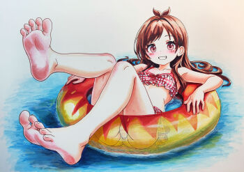 1girl absurdres barefoot bikini blush breasts brown_hair commentary feet floating foot_focus frilled_bikini frills full_body grin highres idolmaster idolmaster_cinderella_girls innertube knees_together_feet_apart legs long_hair looking_at_viewer outdoors red_bikini sidelocks small_breasts smile soles solmyr2000 solo swim_ring swimsuit teeth toenails toes traditional_media tsujino_akari water