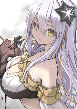 1girl alstroemeria_(flower_knight_girl) arched_back bandeau blood breasts cleavage commentary_request detached_sleeves double-parted_bangs expressionless flower flower_knight_girl grey_hair hair_behind_ear hair_flower hair_ornament highres holding holding_detached_head kintarou_(kintarou's_room) large_breasts long_hair solo torn_clothes upper_body v-shaped_eyebrows yellow_eyes