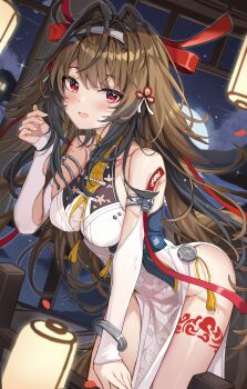 1girl absurdres bare_shoulders black_hair blush bracelet breasts brown_hair china_dress chinese_clothes cleavage cloud collarbone commentary_request detached_sleeves dress dutch_angle full_moon gradient_hair groin hair_intakes hair_ornament halter_dress halterneck hand_up headband highres jewelry lantern leaning_forward leg_tattoo long_hair looking_at_viewer medium_breasts moon moonlight multicolored_hair night open_mouth paid_reward_available pelvic_curtain print_dress pu_ht railing red_eyes reflection reflective_liquid see-through_cleavage see-through_clothes side_slit smile solo sparkle star_(sky) tassel tattoo thighs very_long_hair water white_dress wooden_railing ye_shunguang zenless_zone_zero