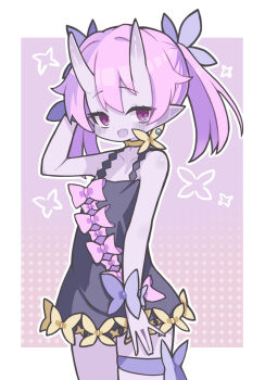 1girl :d bare_shoulders bieko_(disgaea) black_dress blush border bow choker commentary cowboy_shot disgaea double-parted_bangs dress fang hair_ornament highres horns looking_at_viewer makai_senki_disgaea_6 medium_hair open_mouth outside_border pink_background pink_bow pink_hair purple_bow purple_eyes short_dress skin-covered_horns skin_fang sleeveless sleeveless_dress smile solo suaman thigh_strap twintails white_border wrist_bow yellow_choker
