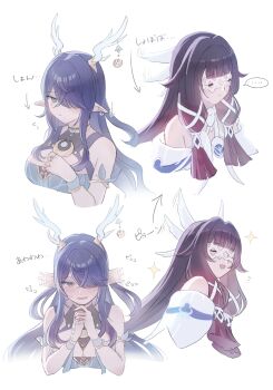 2girls absurdres black_hair blush breasts cleavage closed_mouth columbina_(genshin_impact) commentary_request earrings genshin_impact hair_ornament highres horns jewelry large_breasts lauma_(genshin_impact) long_hair looking_at_viewer multicolored_hair multiple_girls open_mouth pointy_ears purple_hair sarasarasasayo shy simple_background skirt smile upper_body white_background