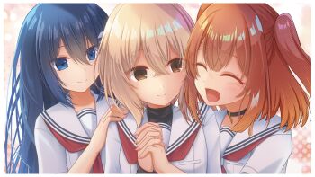 3girls :d ^_^ black_choker black_hair blonde_hair blue_eyes blue_hair blush brown_eyes brown_hair choker closed_eyes closed_mouth hair_between_eyes hand_on_another's_shoulder hashtag-only_commentary highres holding_hands interlocked_fingers konjiki_alia long_hair multiple_girls neckerchief open_mouth oumi_shiori red_neckerchief sailor_collar school_uniform serafuku shirt short_sleeves smile two_side_up upper_body watashi_wo_tabetai_hitodenashi white_sailor_collar white_shirt yaotose_hinako yashiro_miko yuri