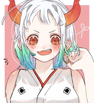 1girl blue_hair blush green_hair highres horns japanese_clothes kimono looking_at_viewer notice_lines one_piece open_mouth orange_eyes short_eyebrows short_hair simple_background sleeveless sleeveless_kimono solo u_mi031 upper_body white_hair white_kimono yamato_(one_piece)