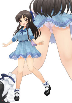 1girl absurdres black_hair black_shoes blue_dress bobby_socks breasts brown_eyes commentary_request dress highres idolmaster idolmaster_cinderella_girls loli long_hair mtu_virus multiple_views nao_suke open_mouth panties pantyshot shoes short_dress simple_background small_breasts socks tachibana_arisu three-quarter_sleeves underwear white_background white_panties white_socks