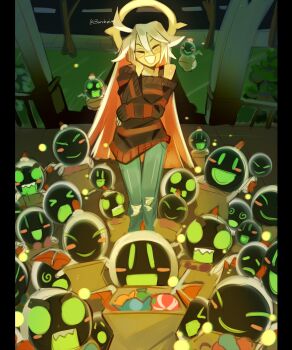 1girl absurdres ahoge borcheim candy closed_eyes colored_inner_hair commentary english_commentary food guilty_gear guilty_gear_xrd hair_between_eyes halloween highres holding holding_candy holding_food jack-o&#039;_valentine knight_servant lancer_servant long_hair looking_at_viewer magician_servant multicolored_hair open_mouth pants red_hair sharp_teeth single_bare_shoulder smile sweater teeth two-tone_hair white_hair