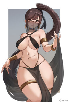 1girl absurdres alternate_costume artist_name belly_chain black_hair breasts brown_eyes covered_erect_nipples dancer earrings eve_(stellar_blade) highres hioyami hoop_earrings jewelry large_breasts long_hair looking_at_viewer mouth_veil navel navel_piercing o-ring parted_lips pelvic_curtain piercing ponytail revealing_clothes see-through_clothes simple_background smile solo stellar_blade thighlet veil very_long_hair