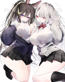 2girls animal_ears blonde_hair blush breasts brown_hair cleavage commentary_request highres komejima_nenne large_breasts long_hair long_sleeves multicolored_hair multiple_girls open_mouth original pointy_ears purple_eyes rabbit_ears red_eyes school_uniform simple_background skirt smile thighs v white_hair