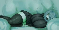 Rule 34 | 1girl, 2b-ge, ahoge, bags under eyes, black sweater, black thighhighs, breasts, couch, eyelashes, female focus, green theme, hair over one eye, huge breasts, long hair, looking at viewer, lying, mei (2b-ge), original, shiny skin, solo, striped clothes, striped sweater, sweater, taut clothes, thick thighs, thighhighs, thighs, wide hips, zettai ryouiki