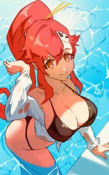1girl ass bikini bikini_under_clothes bikini_visible_through_clothes breasts cleavage collarbone contrapposto hair_ornament highres large_breasts long_hair looking_at_viewer ponytail pool poolside red_hair see-through_clothes see-through_shirt shirt skull_hair_ornament smile solo swimsuit tengen_toppa_gurren_lagann tied_shirt ura_dora water wet wet_clothes wet_shirt white_shirt wringing_clothes yellow_eyes yoko_littner