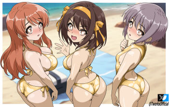 3girls absurdres ai-assisted arm_at_side asahina_mikuru ass back bikini breasts brown_eyes brown_hair cleavage ears from_above from_behind golden_week grey_hair hair_ribbon hairband hand_up happy highres long_hair long_sidelocks looking_at_viewer looking_back medium_hair multiple_girls nagato_yuki one-piece_swimsuit open_mouth orange_hair ribbon short_hair shy sideboob sidelocks suzumiya_haruhi_no_yuuutsu swept_bangs swimsuit t-works