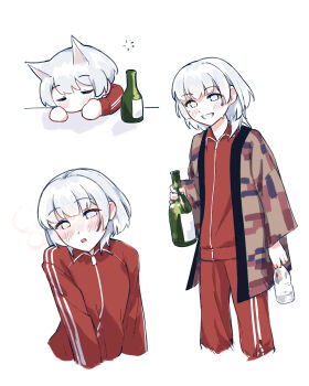 1girl animal_ears bang_dream! bang_dream!_it's_mygo!!!!! blue_eyes bottle brown_jacket cat_ears cat_girl commentary heterochromia highres holding holding_bottle jacket kaname_raana kemonomimi_mode multiple_views nekohige0123 open_happi open_mouth pants photo-referenced raana_the_cat red_jacket red_pants red_track_suit short_hair simple_background sleeping symbol-only_commentary track_suit white_background white_hair yellow_eyes