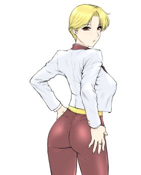 Rule 34 | 1girl, ass, blonde hair, breasts, earrings, female focus, formal clothes, from behind, grabbing own ass, hand on own hip, highres, jewelry, king (snk), large breasts, long sleeves, looking at viewer, looking back, looking down, pale skin, pants, pepsitou, shirt, short hair, st.germain-sal, standing, suit, the king of fighters, thighs, white shirt