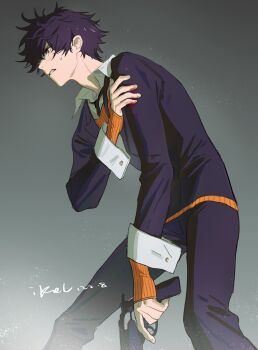 1boy ai_the_somnium_files ai_the_somnium_files:_nirvana_initiative arm_up black_hair black_jacket black_necktie black_pants blood blood_on_arm blood_on_hands clenched_teeth collared_shirt commentary feet_out_of_frame from_side gun handgun hashtag-only_commentary highres holding holding_gun holding_weapon injury jacket keapriciti long_sleeves male_focus necktie open_clothes open_shirt orange_shirt pants red_eyes ryuki_kuruto shirt sleeve_cuffs sleeves_past_wrists small_sweatdrop solo teeth twitter_username weapon white_shirt wing_collar