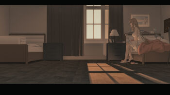 Rule 34 | 1girl, alarm clock, bare arms, bare shoulders, barefoot, bed, bedroom, blonde hair, book, breasts, cartonbox (zhixiang zhi), clock, closed mouth, commentary request, curtains, dress, from side, highres, indoors, lamp, large breasts, letterboxed, long hair, nightstand, on bed, original, picture frame, pink slippers, profile, sidelocks, sitting, sleeveless, sleeveless dress, slippers, solo, stuffed animal, stuffed shark, stuffed toy, unworn slippers, very long hair, white dress, window, window shadow