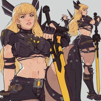1girl abs absurdres armor belt black_gloves blonde_hair breasts clothing_cutout commentary earrings elbow_spikes english_commentary gloves highres holding holding_sword holding_weapon huge_weapon jewelry knee_up long_hair looking_at_viewer magik_(x-men) marvel marvel_rivals midriff multiple_views navel new_mutants open_mouth pantyhose pauldrons short_shorts shorts shoulder_armor simple_background spiked_pauldrons spikes standing sword toned toned_female torn_clothes torn_pantyhose weapon x-men yoracrab
