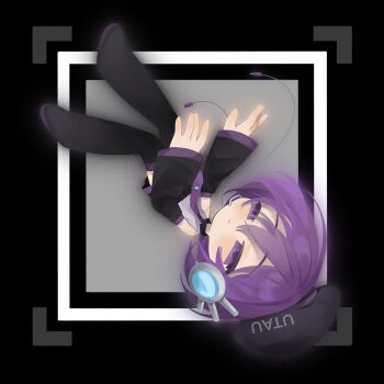 1girl absurdres beret black_boots black_hat boots chibi chibi_only commentary_request detached_sleeves full_body hat highres looking_at_viewer moonmart necktie purple_eyes purple_hair purple_necktie short_hair solo thigh_boots upside-down utane_uta utau