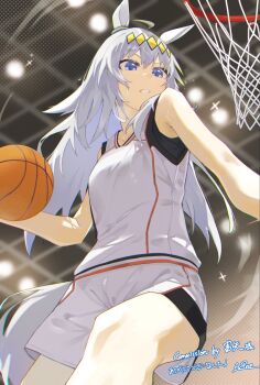 1girl ahoge alternate_costume animal_ears ball bare_shoulders basketball basketball_(object) basketball_hoop basketball_jersey basketball_shorts basketball_uniform black_shorts blue_eyes breasts collarbone commission ear_ornament grey_hair grey_tail hair_between_eyes hair_ornament hairband highres holding horse_ears horse_girl horse_tail indoors long_hair multicolored_hair oguri_cap_(umamusume) open_mouth shorts shorts_under_shorts slam_dunk_(basketball) sportswear sweat tail tetra_(ktet4_illu) umamusume white_shorts