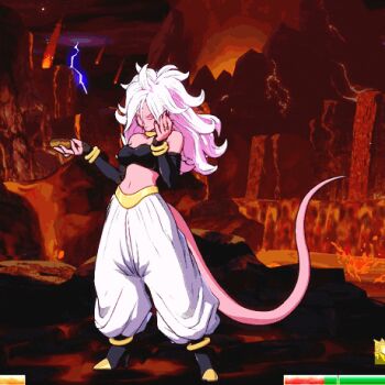 1girl absurdly_long_tail android_21 animated animated_gif bracelet breasts cleavage closed_eyes colored_skin detached_sleeves donut dragon_ball dragon_ball_fighterz earrings eating electricity embers energy female_focus food foodgasm full_body happy harem_pants hot jewelry large_breasts lava lightning long_hair lowres majin_android_21 meteor midriff monster_girl multicolored_hair navel necklace night overcast pants pink_hair pink_skin revealing_clothes shaking sky smile solo storm strapless tail tube_top two-tone_hair very_long_tail volcano white_hair